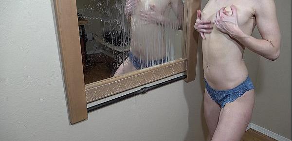  Lactating milf spraying breast milk on a mirror